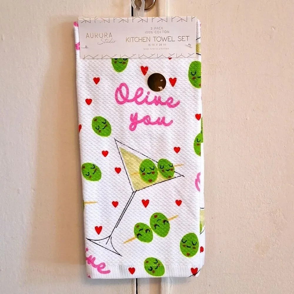 pun linens Olive you kitchen towels martini glass